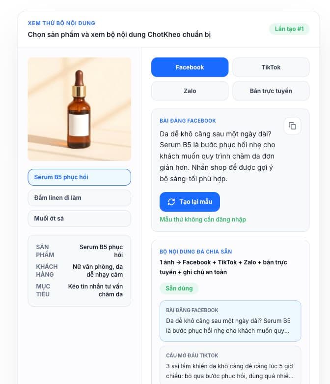 ChotKheo product preview showing a serum image, sales channels, and generated Facebook content